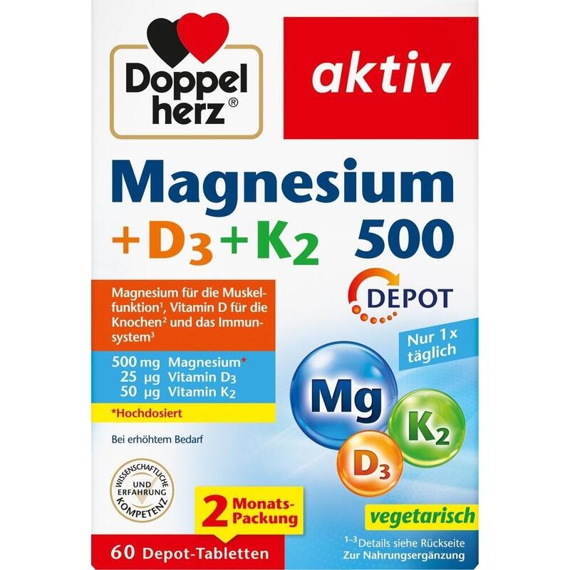 DOPPELHERZ Magnesium 500+D3+K2 Depot Tabletten